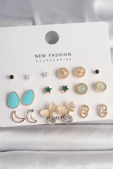 HEYF Pirinç Gold Renk Zirkon Taşlı Fiyonk Hilal Figür 9 Çift Kadın Küpe Seti ürün görseli