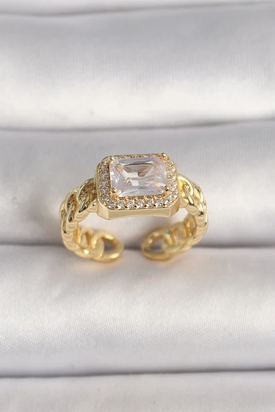 HEYF Pirinç Gold Renk Zincir Model Kare Zirkon Taşlı Kadın Yüzük