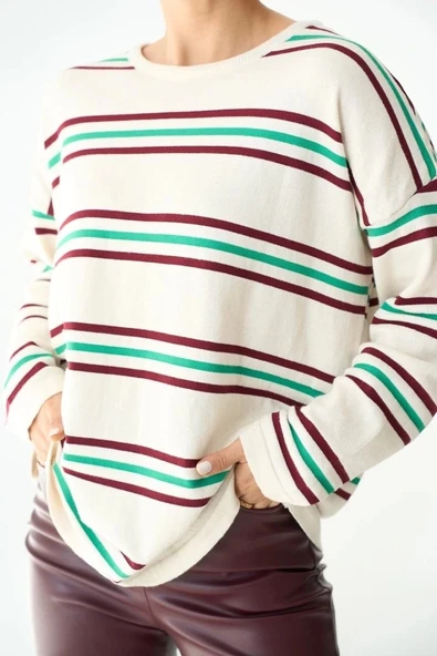 Çizgili Triko Kazak - Ekru-Bordo - 3