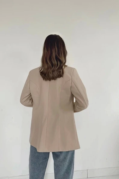 Bej Düğmeli Deri Ceket - 4
