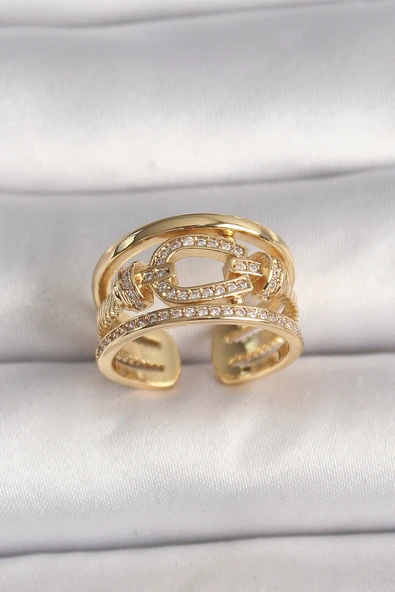 HEYF Pirinç Gold Renk Ayarlanabilir Zirkon Taşlı Gemici Düğümü Model Kadın Yüzük ürün görseli 1