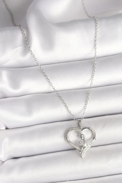 HEYF 316L Çelik Gümüş Renk Zincir Zirkon Taş Detaylı Kalp Model Kadın Kolye - Resim 2