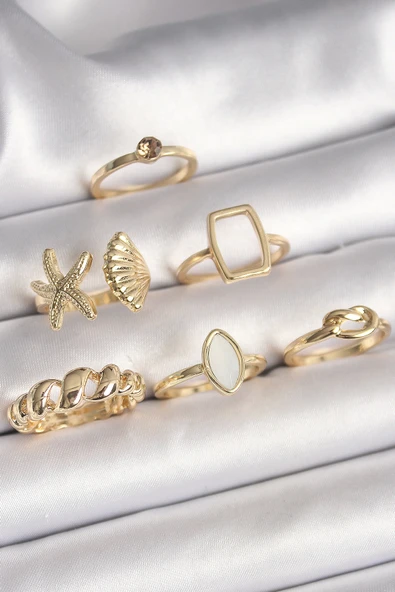 HEYF Pirinç Gold Renk Deniz Kabuğu Figür Sarmal Model Beyaz Mine Detay 6'Lı Kadın Yüzük Seti ürün görseli