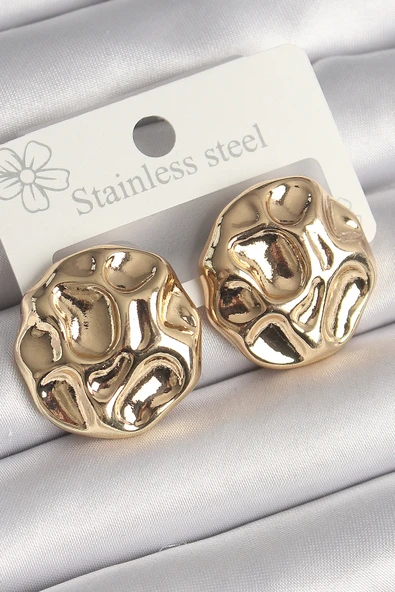 HEYF Pirinç Gold Renk İşlemeli Daire Plaka Model Kadın Küpe ürün görseli 1