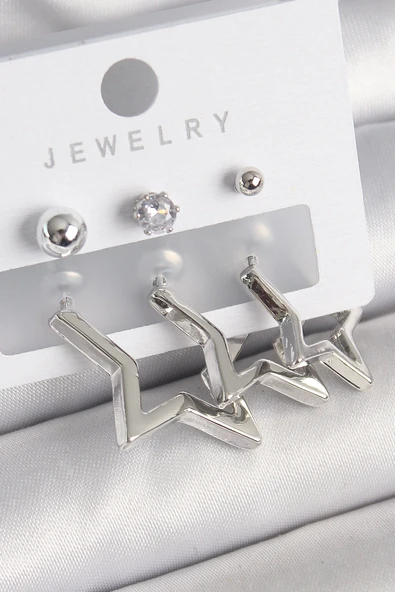 HEYF Pirinç Gold Renk Yıldız Model Zirkon Taşlı Topçuk Detay Kadın Küpe Seti ürün görseli 1