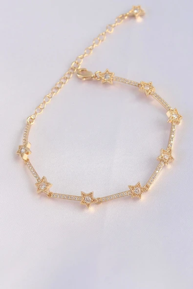 HEYF Vip Seri Pirinç Zirkon Taşlı Gold Renk Halley Model Bileklik ürün görseli 1