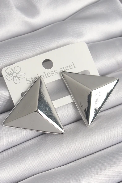 HEYF Pirinç Gümüş Renk 3D Üçgen Model Kadın Küpe ürün görseli 1