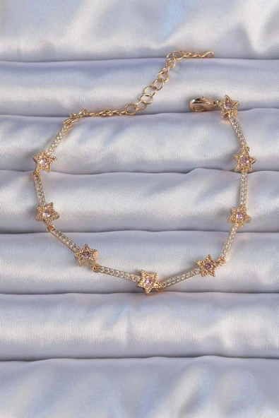 HEYF Vip Seri Pirinç Altın Renk Zirkon Taşlı Yıldız Model Bileklik ürün görseli 1