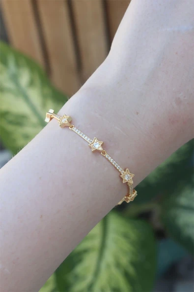 HEYF Vip Seri Pirinç Zirkon Taşlı Gold Renk Halley Model Bileklik - Resim 2