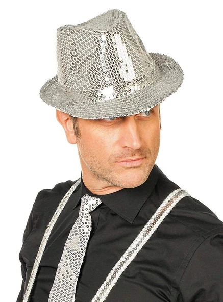 Disko Star Gümüş Payetli Fötr Şapka Yetişkin Boy - 2