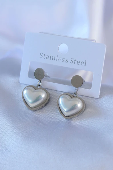 HEYF 316L Çelik Gümüş Renk İncili Kalp Model Kadın Küpe