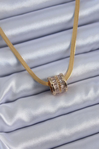 HEYF 316L Çelik Gold Renk İtalyan Zincir Model Zirkon Taşlı Kadın Kolye