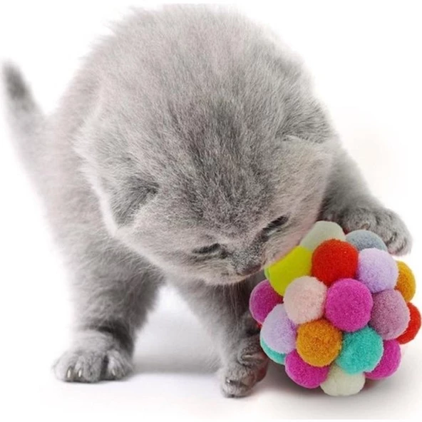 Renkli Ponpon Top Kedi Oyuncağı 7 cm - Resim 2