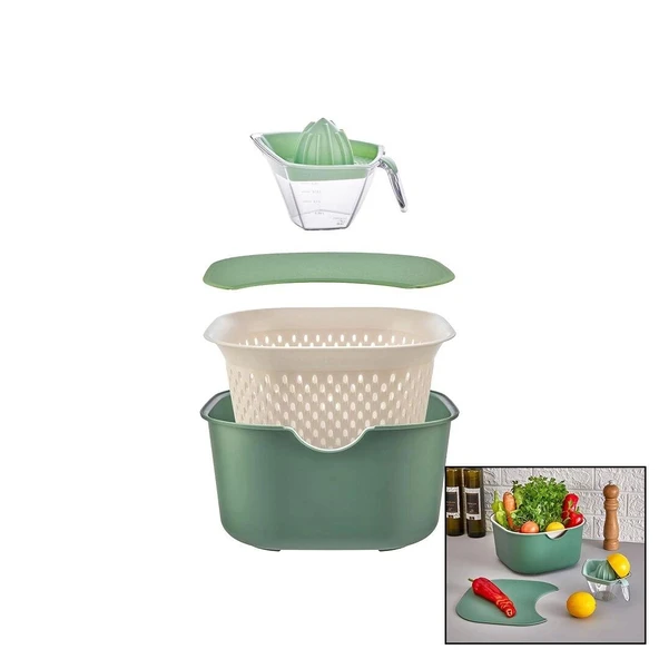 YEŞİL 5PCS MUTFAK SETİ PLS.KARIŞTIRMA KAP=4LT - SÜZGEÇ=3.5LT - KESİM PANO - SIKACAK=0.25LT (4172)