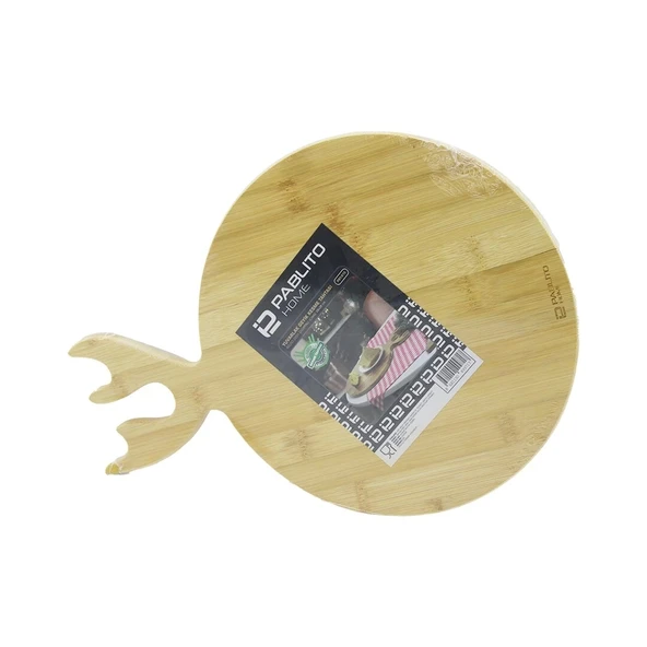 YUVARLAK AHŞAP BAMBU KESİM PANOSU - KESME TAHTASI GEYİK BOYNUZ FİGÜR SAPLI = 26CM (4172)