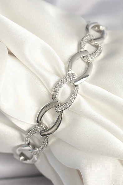 HEYF Pirinç Gümüş Renk Zirkon Taşlı Oval Zincir Model Kadın Bileklik ürün görseli 1