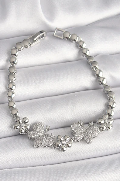 HEYF Pirinç Gümüş Renk Zirkon Taşlı Kelebek Figür Çiçek Zincir Model Kadın Bileklik