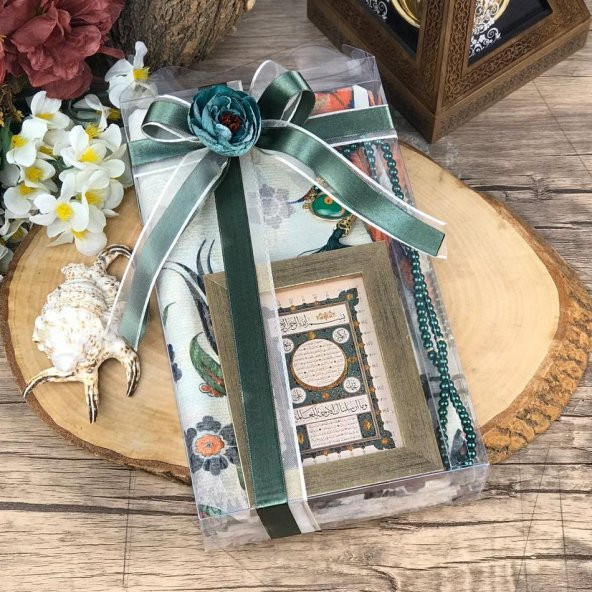 Hediyelik Seccade, Tablo, İnci Tesbih, Süslemeli Asetat Kutulu (30×18) Set-Yeşil - 1