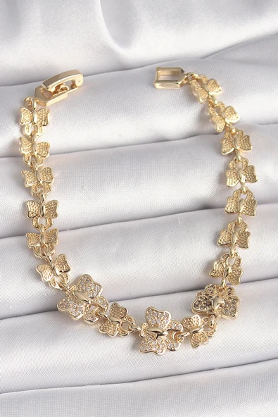 HEYF Pirinç Gold Renk Zirkon Taşlı Kelebek Model Zincir Kadın Bileklik ürün görseli 1