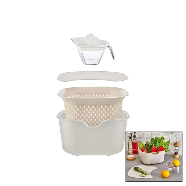 KREM 5PCS MUTFAK SETİ PLS.KARIŞTIRMA KAP=4LT - SÜZGEÇ=3.5LT - KESİM PANO - SIKACAK=0.25LT (4172) - 1