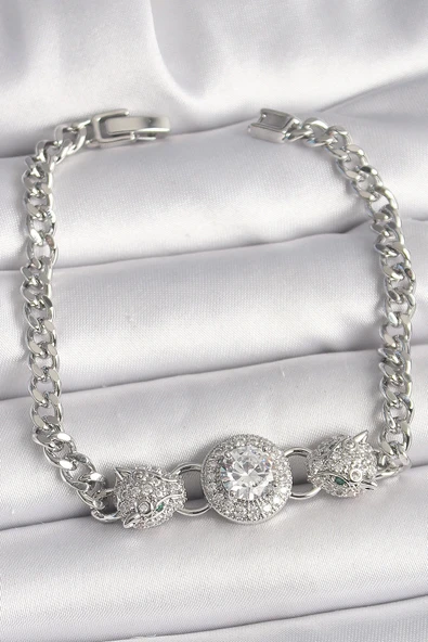 HEYF Pirinç Gümüş Renk Zirkon Taşlı Leopar Figür Zincir Model Kadın Bileklik ürün görseli 1