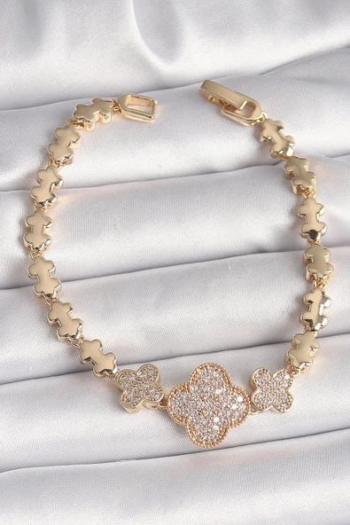 HEYF Pirinç Gold Renk Zirkon Taşlı Yonca Model Zincir Kadın Bileklik ürün görseli 1