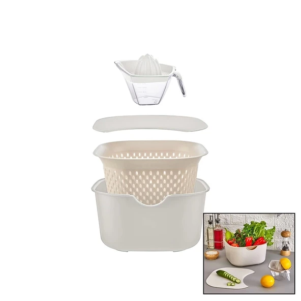 KREM 5PCS MUTFAK SETİ PLS.KARIŞTIRMA KAP=4LT - SÜZGEÇ=3.5LT - KESİM PANO - SIKACAK=0.25LT (4172) - 2