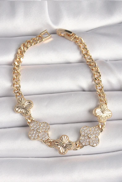HEYF Pirinç Gold Renk Zirkon Taşlı Yonca Model Kadın Bileklik ürün görseli 1