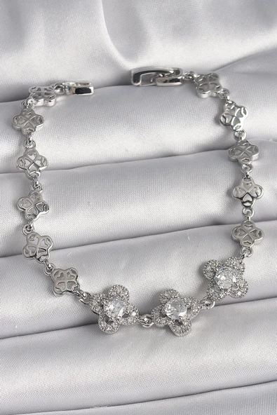 HEYF Pirinç Gümüş Renk Zirkon Taşlı Yonca Model Kadın Bileklik ürün görseli 1