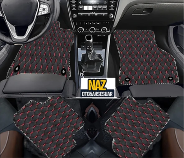 Fiat PANDA 2022 +  Uyumlu Kırmızı Dikişli Siyah Deri Paspas