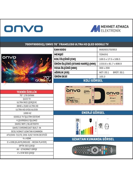 Onvo 70OVF9000UQ 70'' 178 Ekran Uydu Alıcılı 4K Ultra HD QLED Google Smart TV - 3