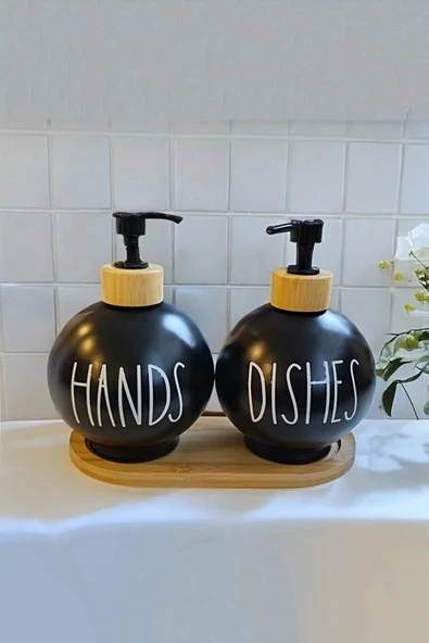 Tilbe Home 2’li Hands Dishes Soft Siyah Dekoratif Mutfak Banyo Sıvı Cam Sabunluk Seti 550ml Bambu Stantlı Set - 2