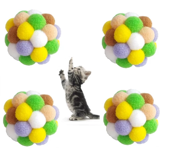 Renkli Ponpon Top Kedi Oyuncağı 5 cm (4 ADET) - 1