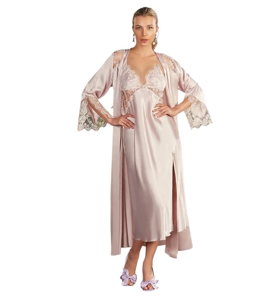 Nurteks 5184 Kadın Pudra Saten 2 Li Gecelik Sabahlık Takımı ürün görseli