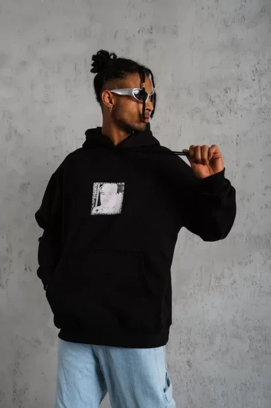 Erkek Ön Arka Baskılı Kapşonlu Sweat - Siyah - Resim 2