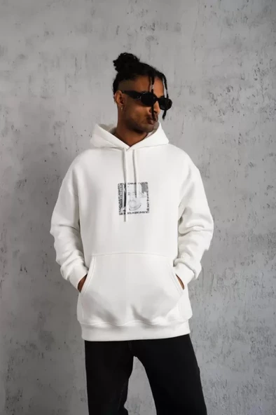 Erkek Ön Arka Baskılı Kapşonlu Sweat - Beyaz - 2