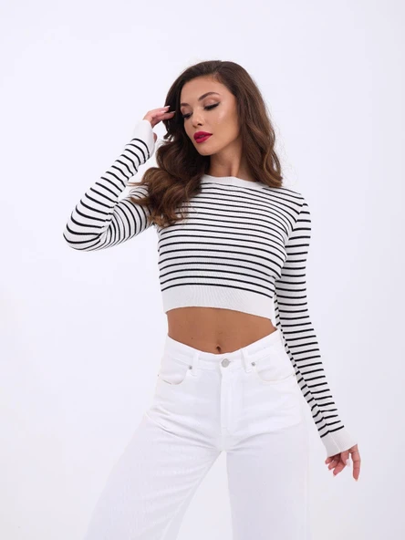 Lucky Life Kadın 211 TRİKO ÇİZGİLİ CROP-EKRU-SİYAH