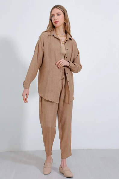 Camel Oversize Lucky Life Kadın Keten  Alt Üst Takım 6Lucky Life Kadın 2