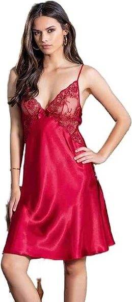 Nurteks Kadın Bordo Dantelli Saten Gecelik 5444