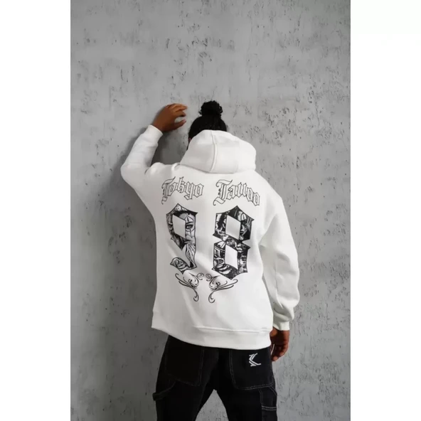 Erkek 98 Baskılı Kapşonlu Sweat - Beyaz - 3