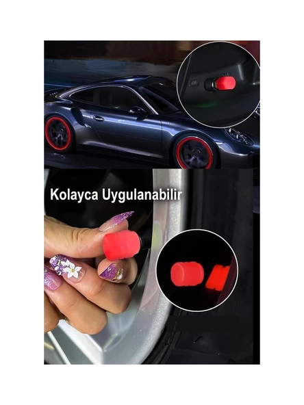 3B Trend Kırmızı Fosforlu Lastik Sibop Kapağı Gece Parlayan Sibob Kapağı 4 Adet - 5