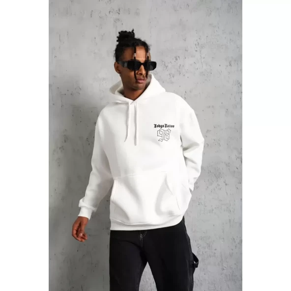 Erkek 98 Baskılı Kapşonlu Sweat - Beyaz - 2