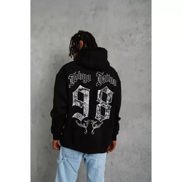 Erkek 98 Baskılı Kapşonlu Sweat - Siyah - 3
