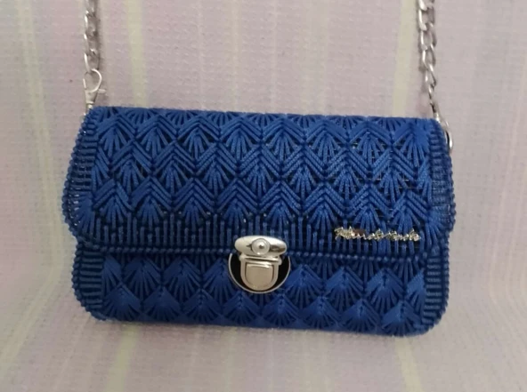 Lacivert Renk Kanvas Model Şık ve Dayanıklı Tasarım Özel Günler El Yapımı Örgü Kadın Çanta - Resim 2