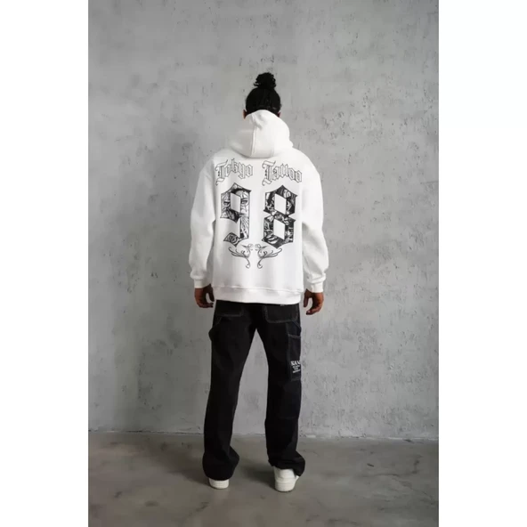 Erkek 98 Baskılı Kapşonlu Sweat - Beyaz - 4