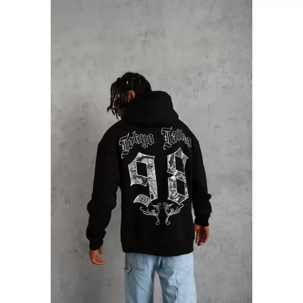 Erkek 98 Baskılı Kapşonlu Sweat - Siyah - 4