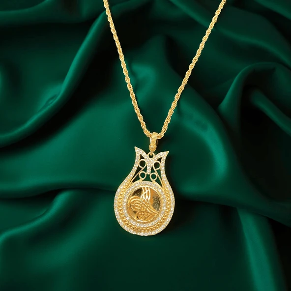 Özel Saray Seri Altın Kaplama Osmanlı Tuğralı Şık ve Zarif Tasarım, Işıltılı Taşlı Kolye ürün görseli 1