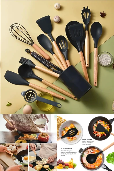 Tilbe Home 18Parça Silikon Kepçe Kevgir Kaşık Fırça Çırpıcı Spatula Maşa Servis Seti Bambu Saplı Mutfak Takımı - Resim 5