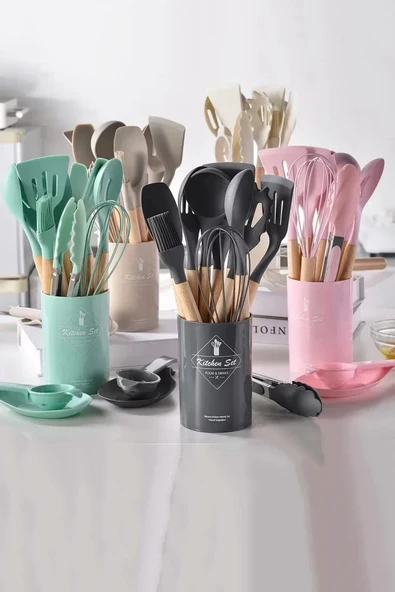 Tilbe Home 18Parça Silikon Kepçe Kevgir Kaşık Fırça Çırpıcı Spatula Maşa Servis Seti Bambu Saplı Mutfak Takımı - Resim 2