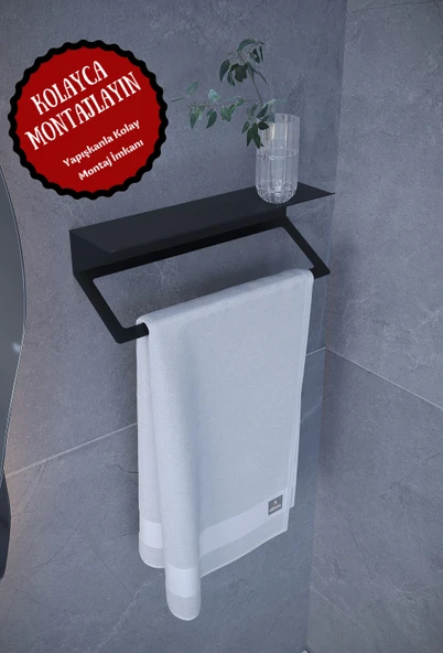 Metal Raflı, Stantlı, Organizer Havlu Askısı Ultra Güçlü Yapışkanlı Siyah